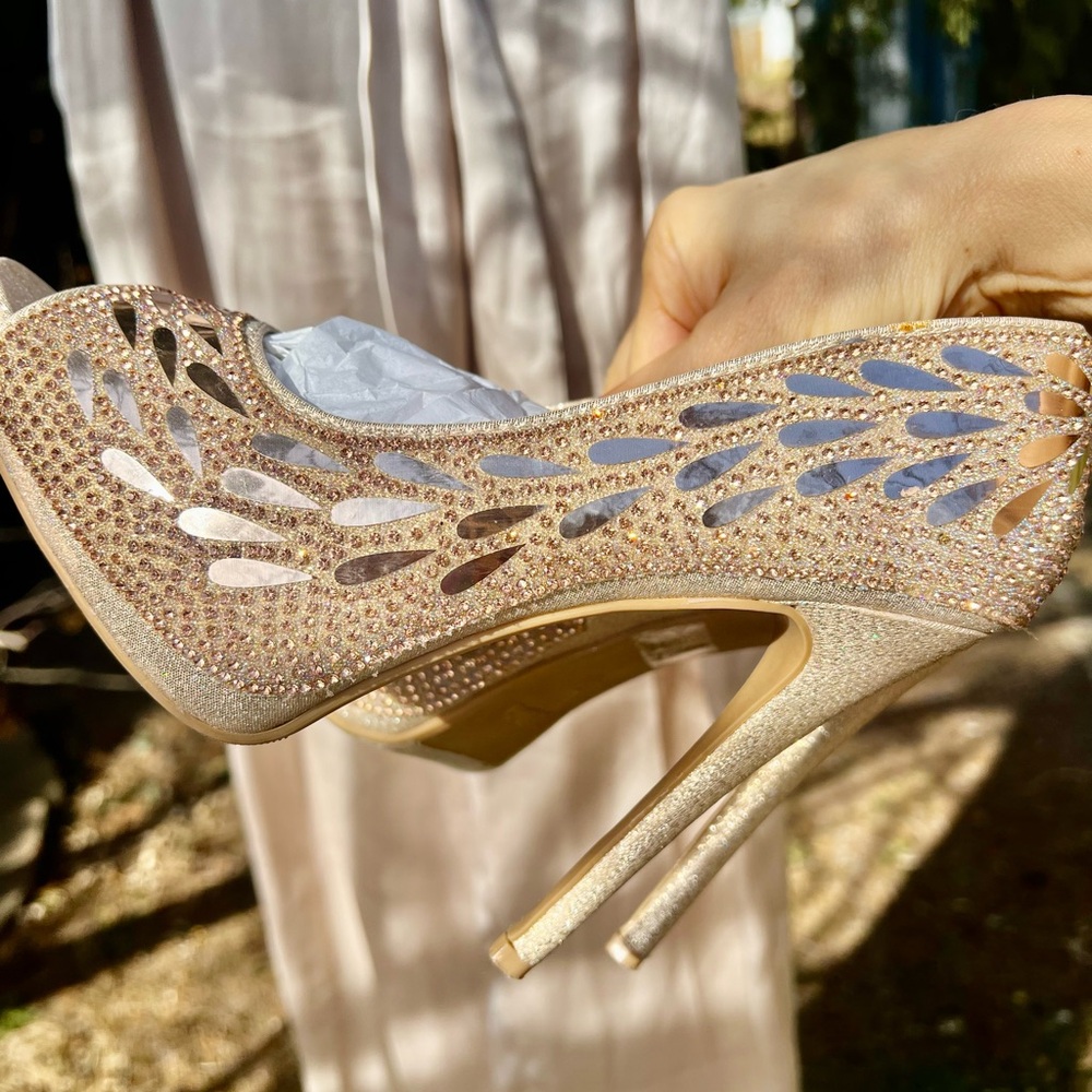 Rose Gold glitter Peacock Peeptoe heels stiletto platform formal open toe 8 y2k